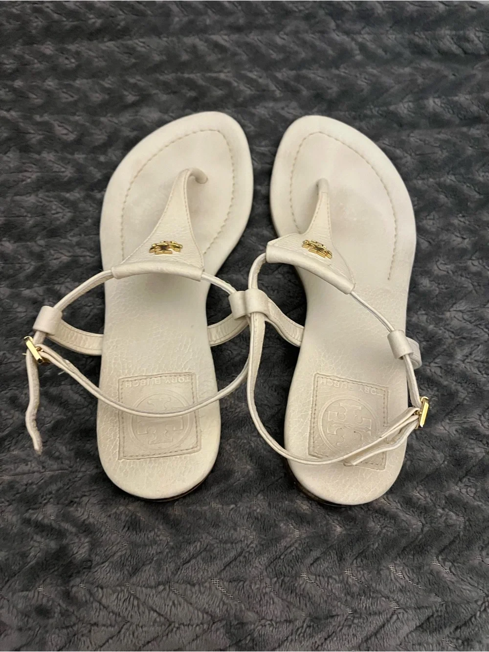 Tory Burch Britton White Leather Logo Thong Sandals with Gold Hardware